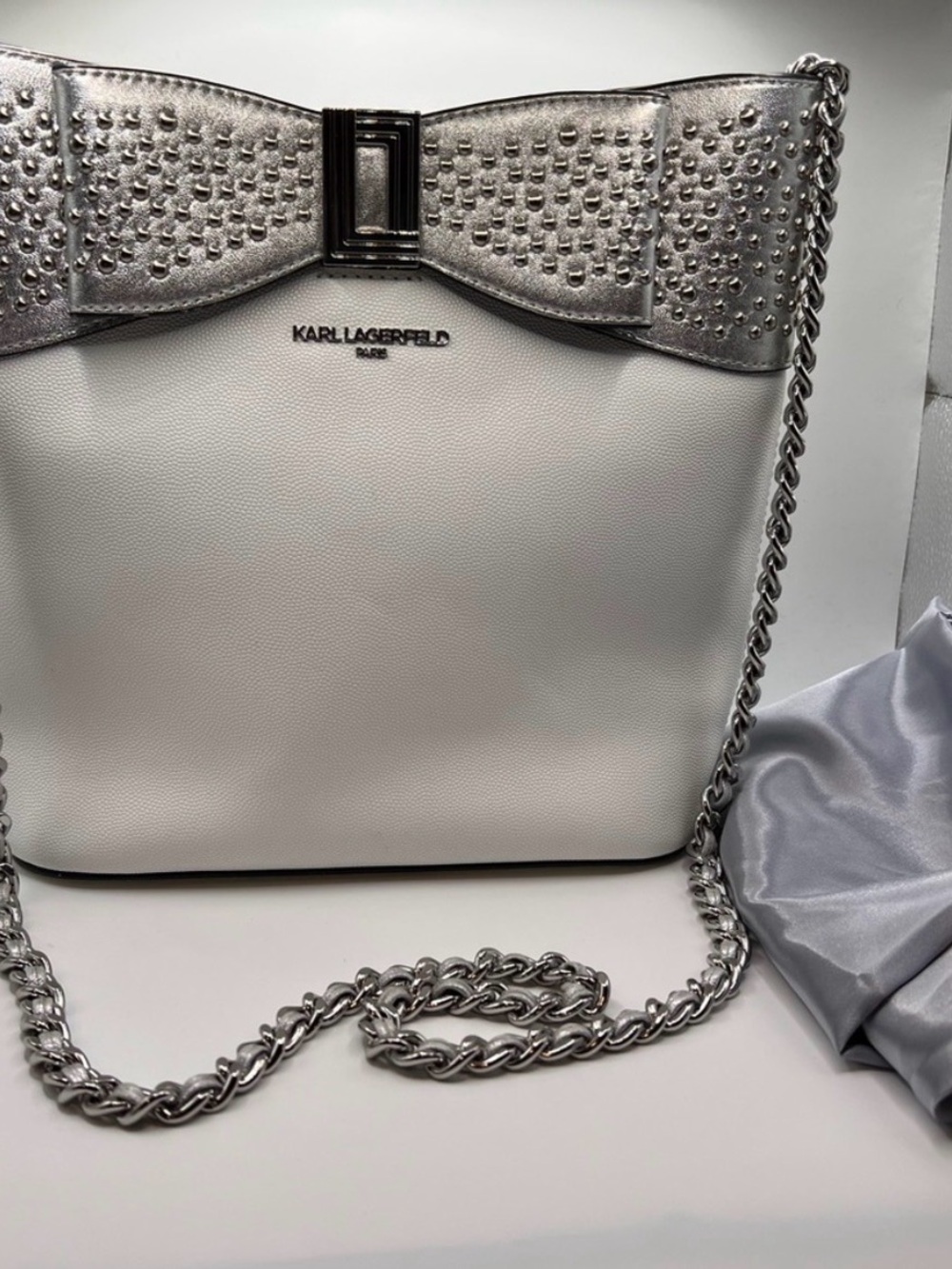 Karl Lagerfeld White Shoulder Bag with Silver Bow Detail